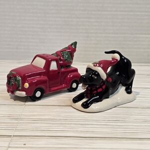 2021 Heather Goldminc Bluesky Christmas Salt Pepper Shakers Black Lab Red Truck